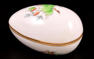 Herendi csipkebogyó mintás porcelán tojás alakú dobozka, kézzel festett, jelzett, hibátlan, 11×7×6 cm