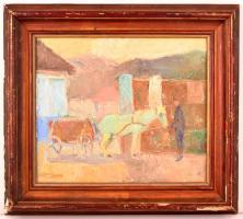 Kozma Pál (1905-1994): Lovasszekér, olaj, fa, jelzett, fa keretben, 35×41,5 cm