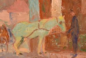 Kozma Pál (1905-1994): Lovasszekér, olaj, fa, jelzett, fa keretben, 35×41,5 cm