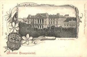 Veszprém, Vármegye székháza. Épült az 1886-1887. évben. Tervezte Kiss István, építette Kéler Napoleon. Kiadja Krausz A. fia, Art Nouveau, floral, címeres keret (EB)