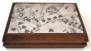 Brunel ezüst (Ag.) tetejű fa kártyadoboz, jelzett, 23×17 cm