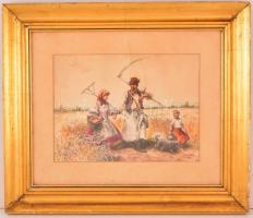 Kovács Antal (?-?): Aratás, akvarell-tus, papír, jelzett, paszpartuban, üvegezett fa keretben, 23×31...