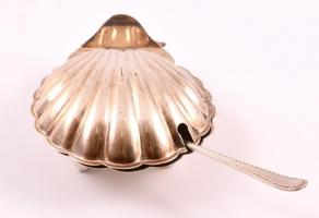 Fém kaviártartó üveg betéttel, ezüstözött kaviárkéssel, d: 8,5 cm, h: 13 cm