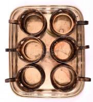 6 db filigrán díszítésű csészetartó, üvegbetét nélkül, m: 6 cm, d: 7 cm + alpakka tálca, 26×20 cm