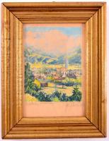Windisch, Josef (1884-1968): Partenkirchen mit Dreitorspitze, színezett rézkarc, papír, jelzett, üvegezett fa keretben, 11,5×9 cm