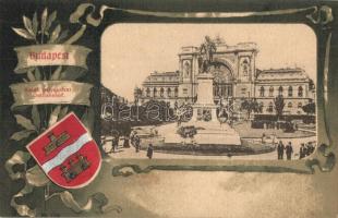 Budapest VII. Keleti pályaudvar, vasútállomás, Baross szobor. Címeres Art Nouveau litho keret