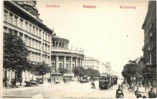 Budapest VI. Váci körút (Bajcsy-Zsilinszky út), villamosok, Bazilika, utcaseprő, üzletek - képeslapfüzetből