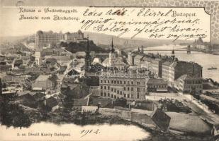 1901 Budapest I. Kilátás a Gellért hegyről, Tabáni bor és sörcsarnok, Szenes Ede üzlete, Pálinka gyári raktár, piac. Divald Károly 3. sz.