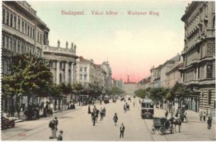 Budapest VI. Váci körút (Bajcsy-Zsilinszky út), villamos, üzletek, Bazilika. Taussig Arth. 8056. - képeslapfüzetből