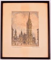 Conrád Gyula (1877-1959): Mátyás-templom, színezett rézkarc, papír, jelzett, üvegezett fa keretben, ...