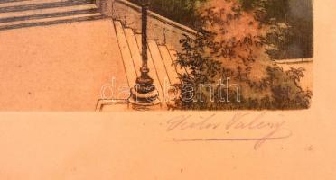 Victor Valéry (1889-1910): Halászbástya, színezett rézkarc, papír, jelzett, üvegezett fa keretben, 2...