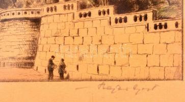 Bajor Ágost (1892-1958): Halászbástya, színezett rézkarc, papír, jelzett, üvegezett fa keretben, 12×...