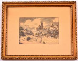 Bajor Ágost (1892-1958): Halászbástya, színezett rézkarc, papír, jelzett, üvegezett fa keretben, 12×...