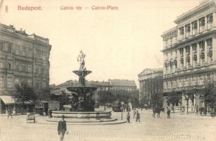 Budapest IX. Kálvin tér, szökőkút, villamosok, Nemzeti Múzeum, lovas csendőr. Taussig A. 5895. (EK)