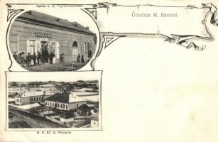 Mezőbánd, Band; M. k. állami elemi iskola télen, Farkas M. üzlete és kirakata / elementary school in winter, shop front. Art Nouveau (EB)