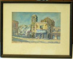 1947 Gesztődi Guidó: Capri Piazza Umberto I.; szignált akvarell keretben 37x30cm
