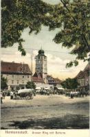 Nagyszeben, Hermannstadt, Sibiu; Grosser Ring mit Ratturm / utcakép, várostorony, piaci árusok, vásár, üzletek. Cromophot v. Jos. Drotleff. Verlag G. A. Seraphin Nr. 24. / street view, city tower, market vendors, shops