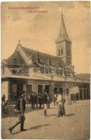Abrudbánya, Abrud; Református templom, üzletek. W. L. 8214. / Calvinist church, shops (r)