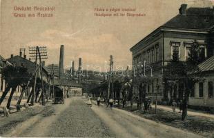 1908 Resicabánya, Resita; Hauptgasse mit der Bürgerschule / Fő utca a polgári iskolával. W. L. 1147. / main street, school (megerősített sarok / restored corner)