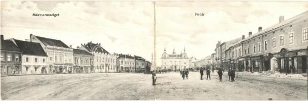 Máramarossziget, Sighetu Marmatiei; Fő tér, Csapodi Sándor, Ferencz, Klein Róza, Kahan Lipót üzlete, sütöde, Vigadó. Kiadja Berger Miksa, kihajtható panorámalap / main square, shops, bakery, inn. foldable panoramacard (r)