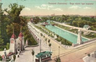 1915 Temesvár, Timisoara; Gyárváros, Bega folyó, híd, liget bejárata, villamos / Fabrica, Bega riverbank, bridge, park, tram