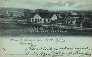 1900 Késmárk, Kezmarok; Vasútállomás, sörcsarnok, Evangélikus templom. Kiadja Schmidt Edgar / Bahnhof / railway station, inn, Lutheran church (EK)