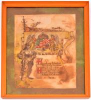 cca 1920 Magyar Hiszekegy, festett selyemkép, foltos, paszpartuban, üvegezett fa keretben, 40×26 cm