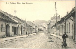 1913 Rozsnyó, Roznava; Gróf Andrássy Dénes utca, templom, Blicz József üzlete. Kiadja Falvi Jenő / street view, church, shops (EK)