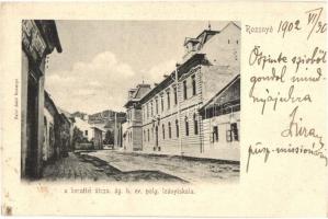 1902 Rozsnyó, Roznava; a berzétei utcai Evangélikus polgári leány iskola. Kiadja Falvi Jenő / street view, Lutheran girls' school (EK)