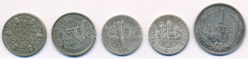 5db-os vegyes ezüst tétel, benne Nagy-Britannia 1928. 6p Ag, 1945. 6p Ag; Amerikai Egyesült Államok 1941. 10c Ag, 1954. 10c Ag valamint Lettország 1924. 1L Ag T:2,2- 5pcs of mixed silver coins, with: Great Britain 1928. 6 Pence Ag, 1945. 6 Pence Ag; USA 1941. Dime Ag, 1954. Dime Ag and Latvia 1924. 1 Lati Ag C:XF,VF