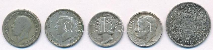 5db-os vegyes ezüst tétel, benne Nagy-Britannia 1928. 6p Ag, 1945. 6p Ag; Amerikai Egyesült Államok ...