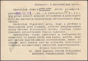1941 Dr. gróf Károlyi István Gyálligeti Központi Parcellázási Irodájának megírt levelezőlapja