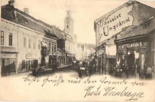 1899 Ungvár, Uzshorod, Uzhorod; utcakép, Katolikus templom, Gyógyszertár, Mittelmann S. üzlete / street view, Catholic church, pharmacy, shops