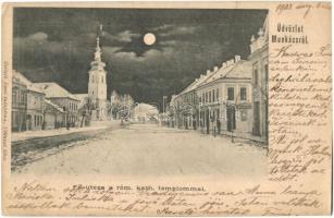 1902 Munkács, Mukacheve, Mukacevo; Fő utca télen este, Római katolikus templom, üzletek. Kiadja Bertsik Emil / main street in winter at night, Catholic church, shops (EB)