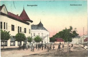 1916 Beregszász, Berehove; Andrássy utca, kerékpár, üzlet / street view, bicycle, shops