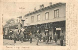 1903 Bátyú, Batyovo, Batiovo; Indóház, vasútállomás, gőzmozdony, vasutasok. Kiadja Mezei Mór / Bahnhof / railway station, locomotive, railwaymen (fl)