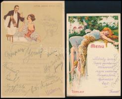 cca 1914 2 pezsgőket reklámozó képeslap, ami menükártya egyben