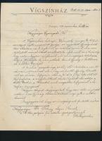 1900 Bp., A Vígszínház igazgatósága által polgári fiú reáliskola igazgatójának küldött levél