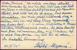 1955 kisfaludi Strobl Alajosné, Kratochwill Alojzia Lujza (1876-1964) saját kézzel írt levelezőlapja Keltscha Nándor hegedűművészhez, Stróbl munkáját ábrázoló fotón