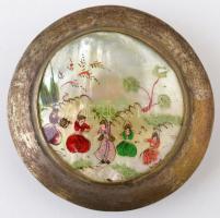 Dekoratív fém tégely, festett gyöngyház fedéllel, apró kopásokkal, d: 7 cm