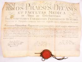 1857 Gyógyszerész oklevél Trajanovits Eduard részére, pergamen, latin nyelven, hiányos pecséttokkal, okmánybélyeggel