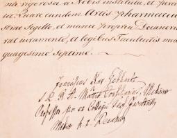 1857 Gyógyszerész oklevél Trajanovits Eduard részére, pergamen, latin nyelven, hiányos pecséttokkal,...