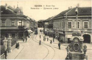 Újvidék, Novi Sad; Duna utca, villamos, üzletek / street view, tram, shops (vágott / cut)