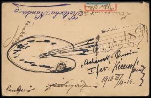 1910 Bohámek asztaltársaságának kézzel rajzolt és aláírt levelezőlapja, rajta grafika Uitz Béla (1887-1972), Laurencsik Béla (1888-1972), Csuk Jenő (1887-1927) festők, Keltscha Nándor hegedűművész és még két mművész aláírásával. Egyikőjük által tussal készített grafika.