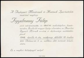 1948 A Budapesti Mészárosok és Hentesek Ipartestületének meghívója Figyelmessy Fülöp (1821-1907) honvéd őrnagy emléktáblájának avatására