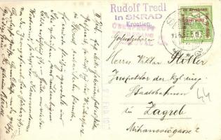 1916 Wintersport in Skrad / Téli sport Skradban (Horvátország), szánkózó fiúk télen, vasútállomás ir...