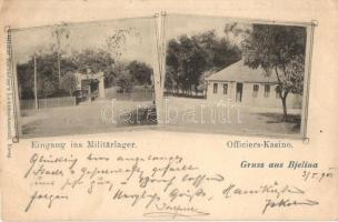 1903 Bjelina, Bijeljina; Eingang in Militärlager, Officiers-Kasino / entry of the K.u.K. military camp, officers casino. Ottokar Rechnitzers Lichtdruckanstalt + K.u.K. Milit. Post. Bjelina (EK)