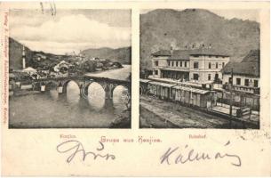 1904 Konjic, Bahnhof / general view, Neretva river bridge, mosque, railway station, wagons. B. Goldberger Bahnhofrestaurateur