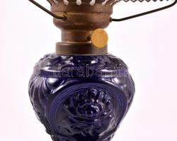 Petroleumlámpa (bekötve), mázas fajansz, csorba nélküli burával, működik, m:39 cm