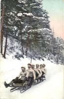 Männergruppe auf einem Schlitten, Wintersport / Téli sport, 6 személyes bob, szánkózók / winter sport, sledding, 6-men bobsled. Photocrom 1102-669. (EK)